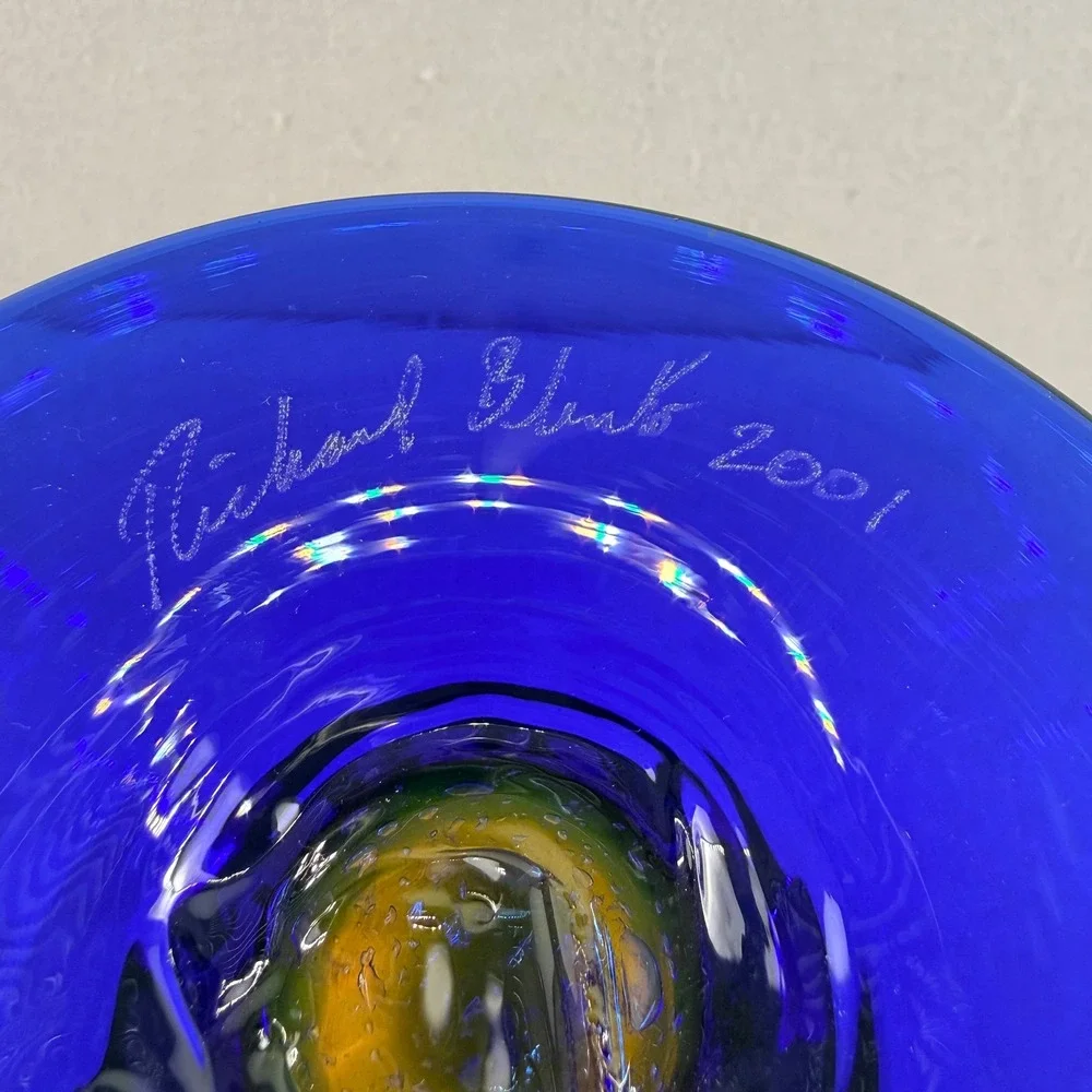 VTG 2001 Signed Richard Blenko Art Glass Trumpet Vase 8721L Yellow Cobalt 11.5